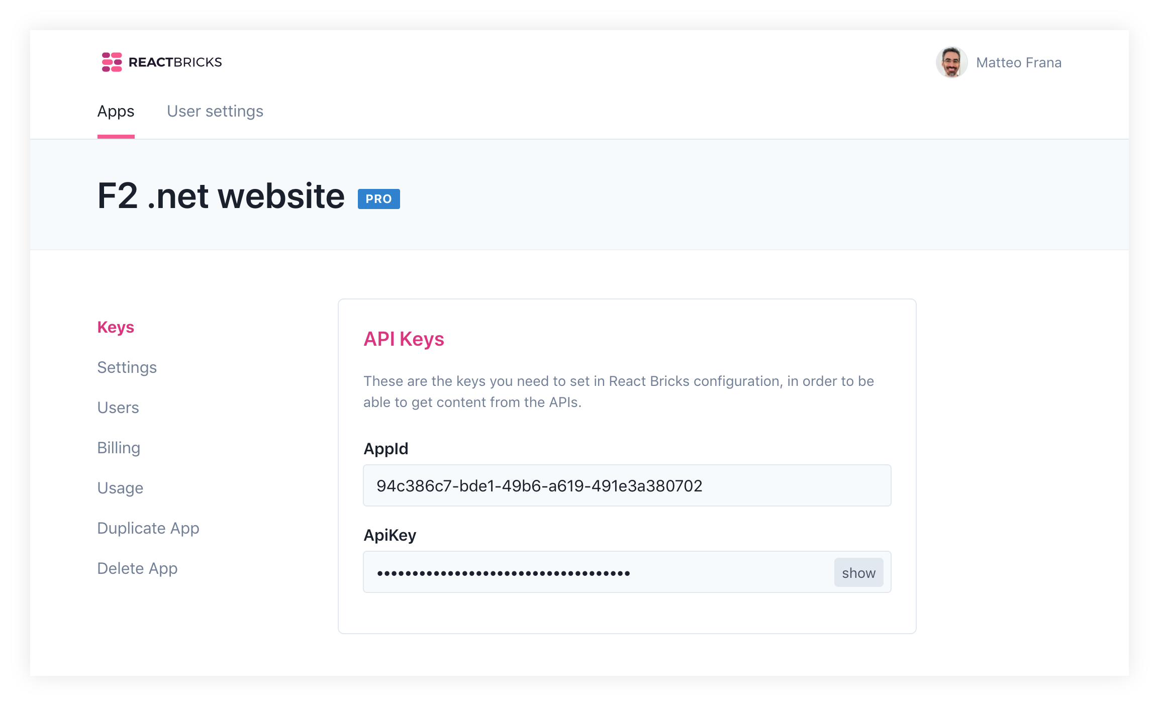 Dashboard App Keys