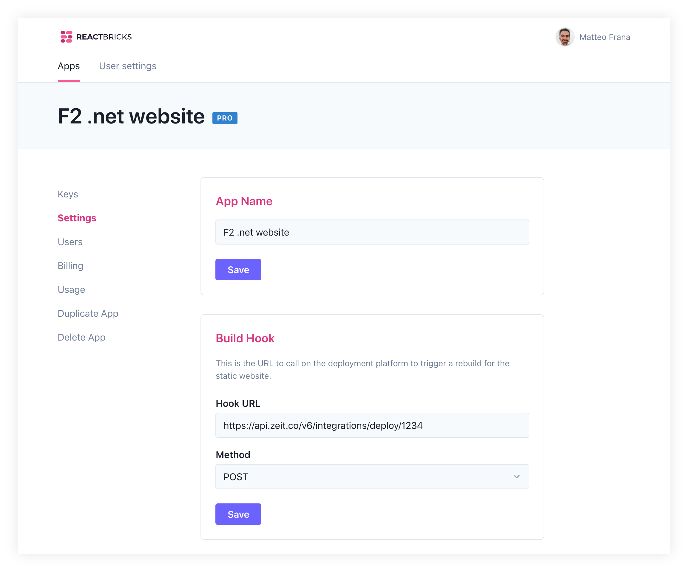 Dashboard App Settings